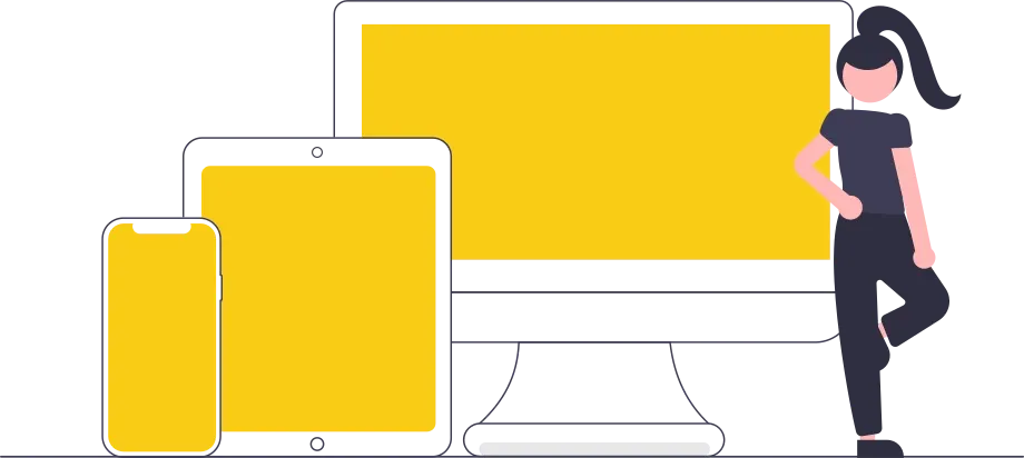 illustration of multiple devices with different screen sizes and a woman leaning next to them